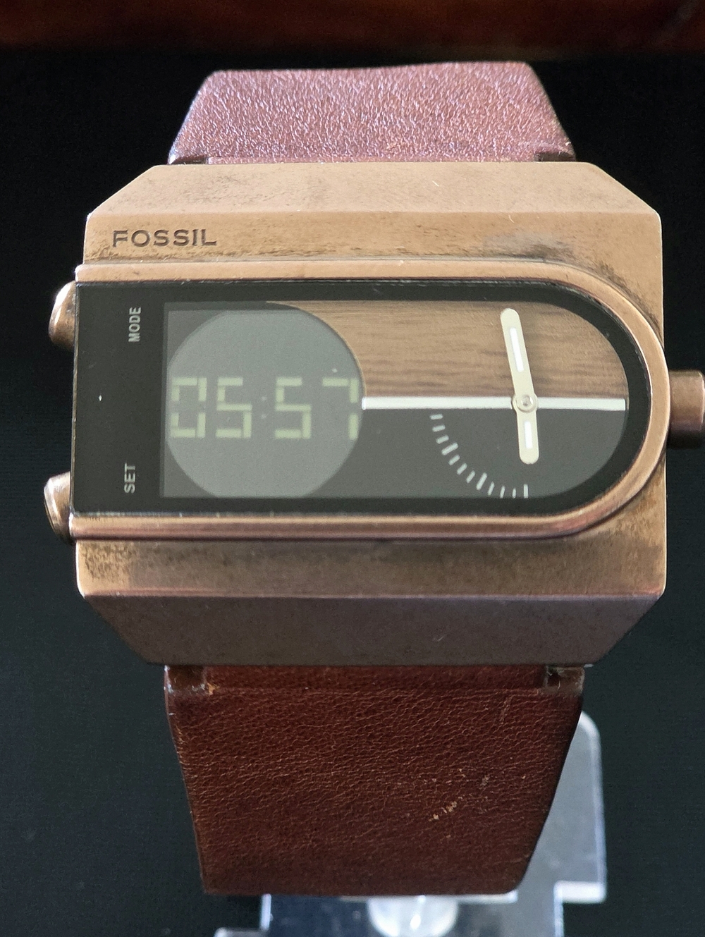 VTG Fossil JR-9309 Analog Digital Copper Tone Watch Wood Dial Month Day Date